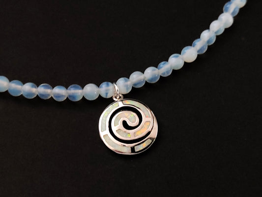 Greek necklace made of silver white opal spiral pendant and moonstone beads of 4mm.