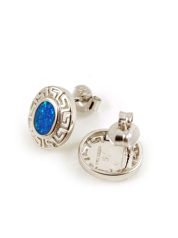 Greek Key Blue Opal Oval Stud Silver Earrings 12x10mm