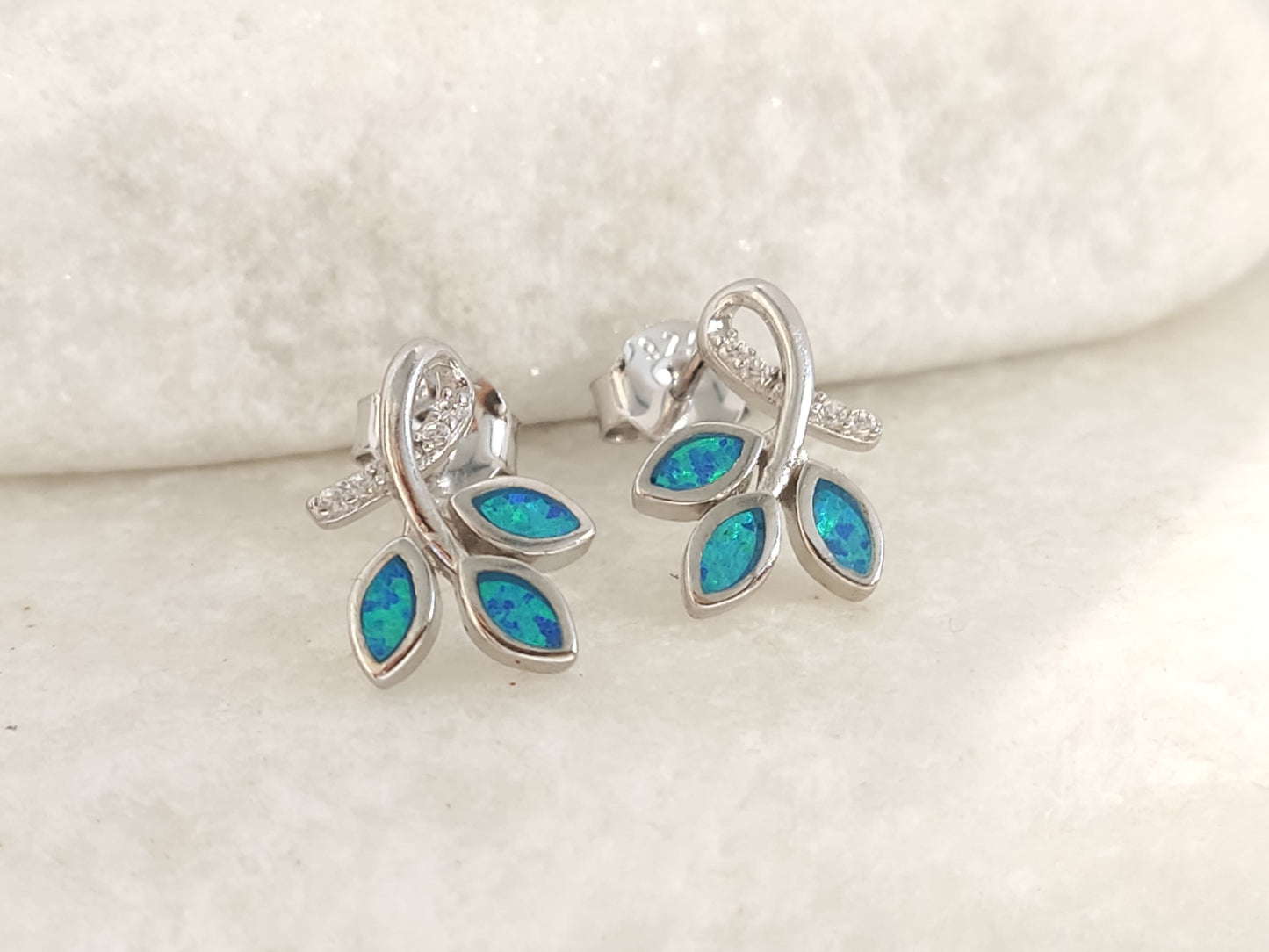 Minimalist Greek leaf earrings with opal and CZ stones