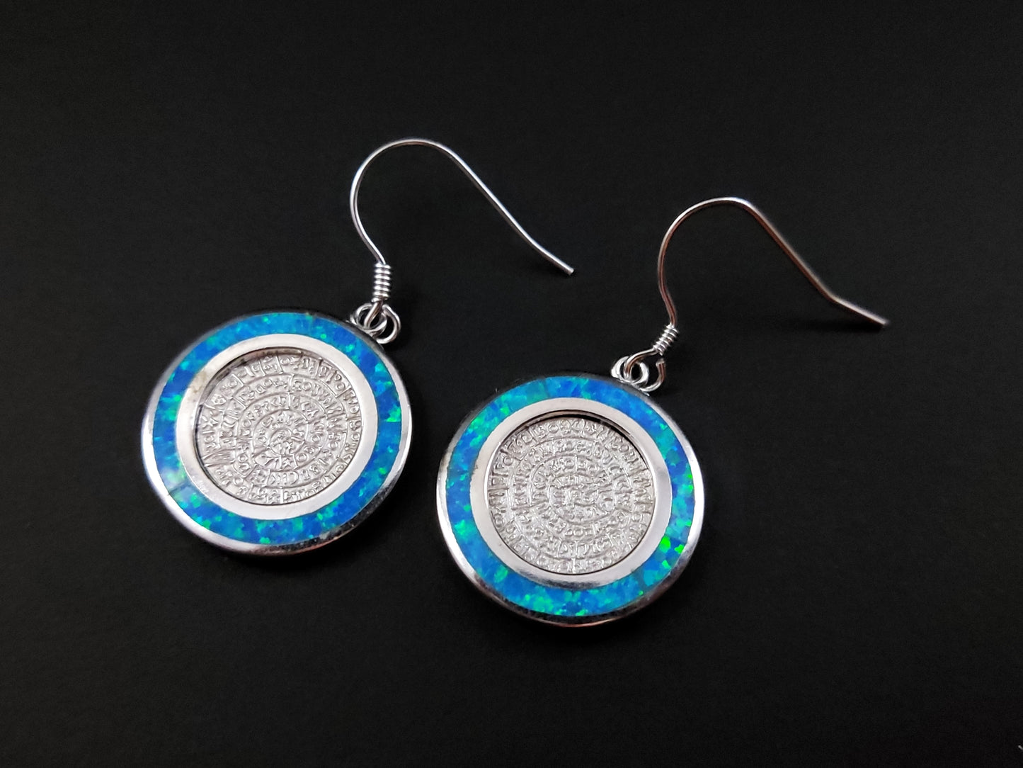 Phaistos Disc Blue Opal Silver Earrings 19mm