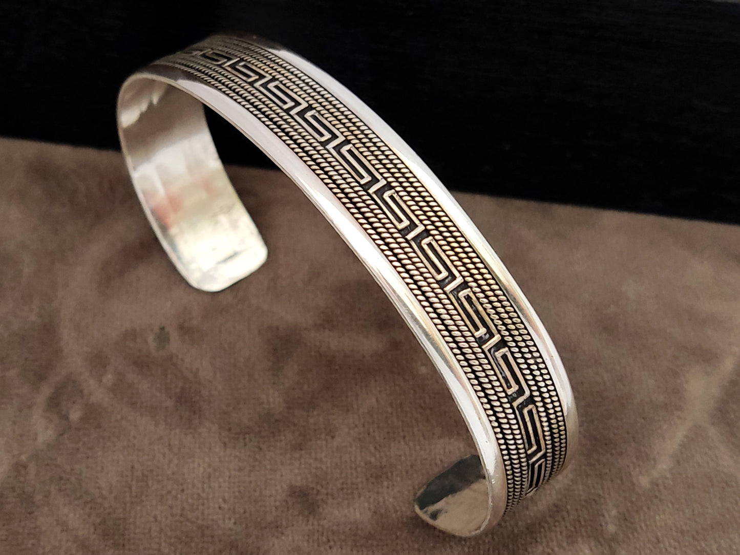 Greek Key Meander Silver 925 Unisex Men Women Cuff Bracelet