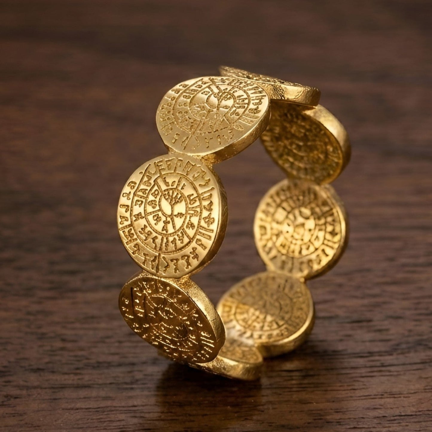 Sterling Silver 925 gold plated Phaistos Disc ring made in Greece