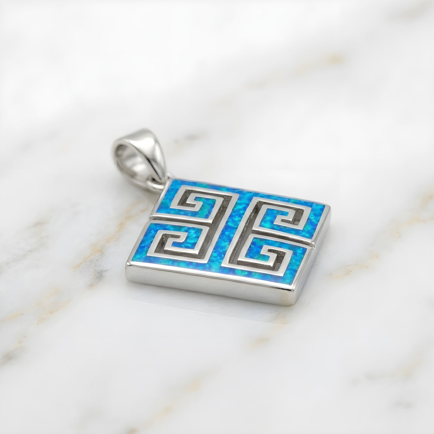 925 sterling silver Greek Key pendant with blue opal