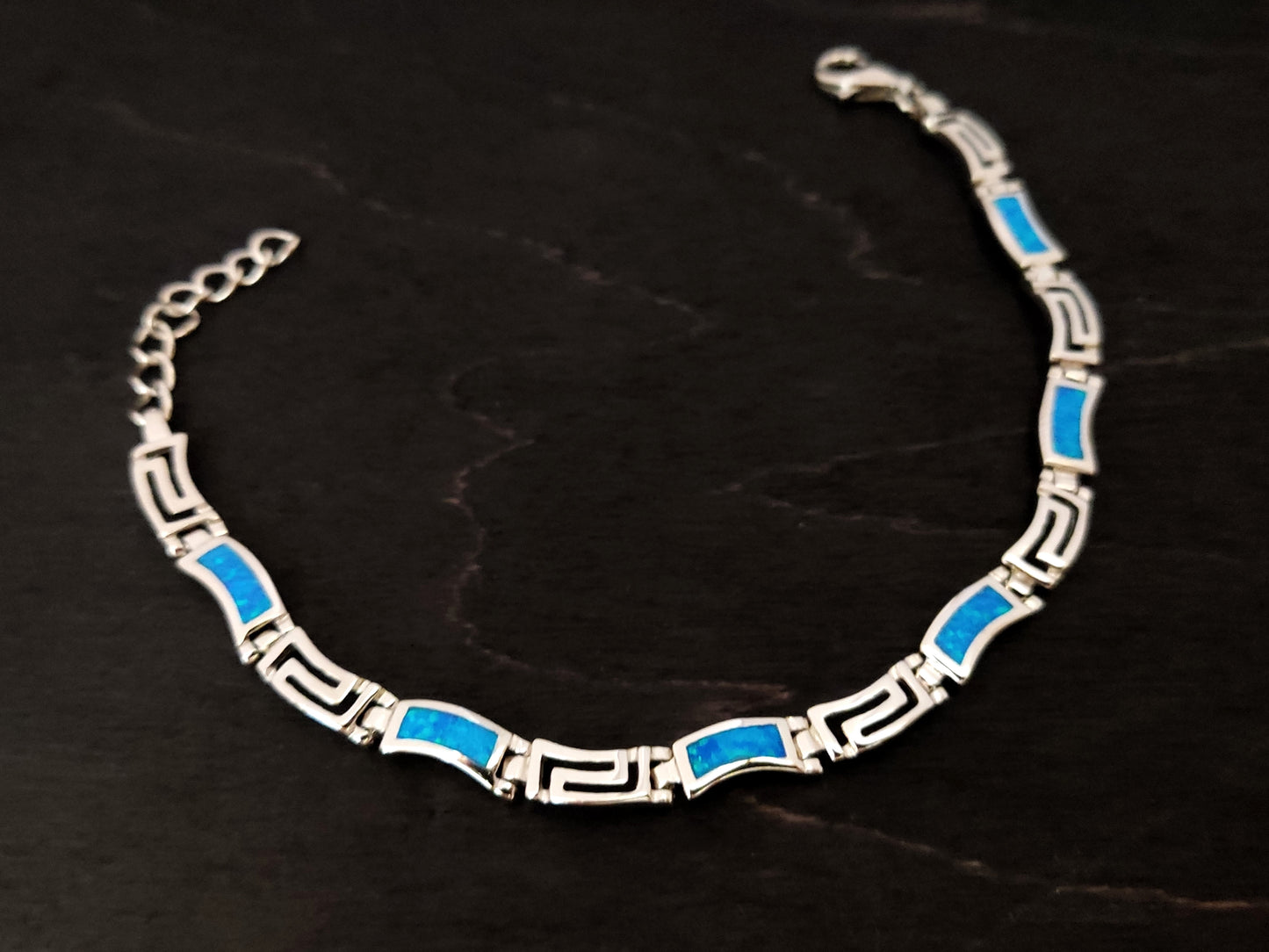 Greek Blue Opal Silver Wave Bracelet 3mm