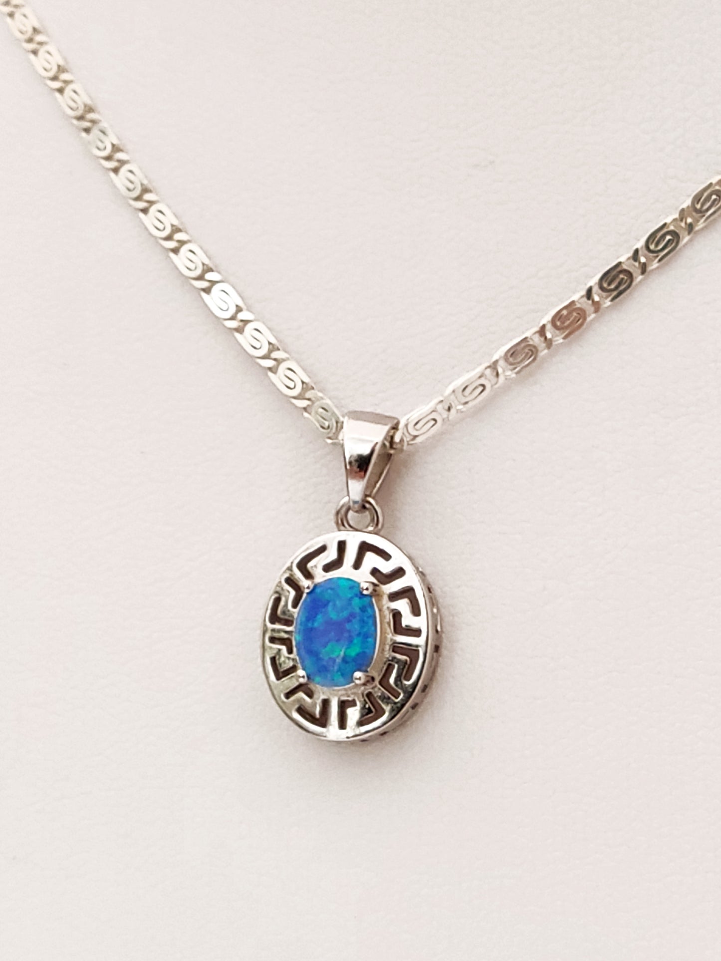 Greek Key Blue Opal Silver Pendant Infinity Chain Necklace 15x13mm