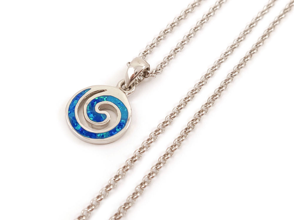 "Charming Greek spiral design pendant in Sterling Silver 925 with a beautiful blue opal, perfect for any occasion."