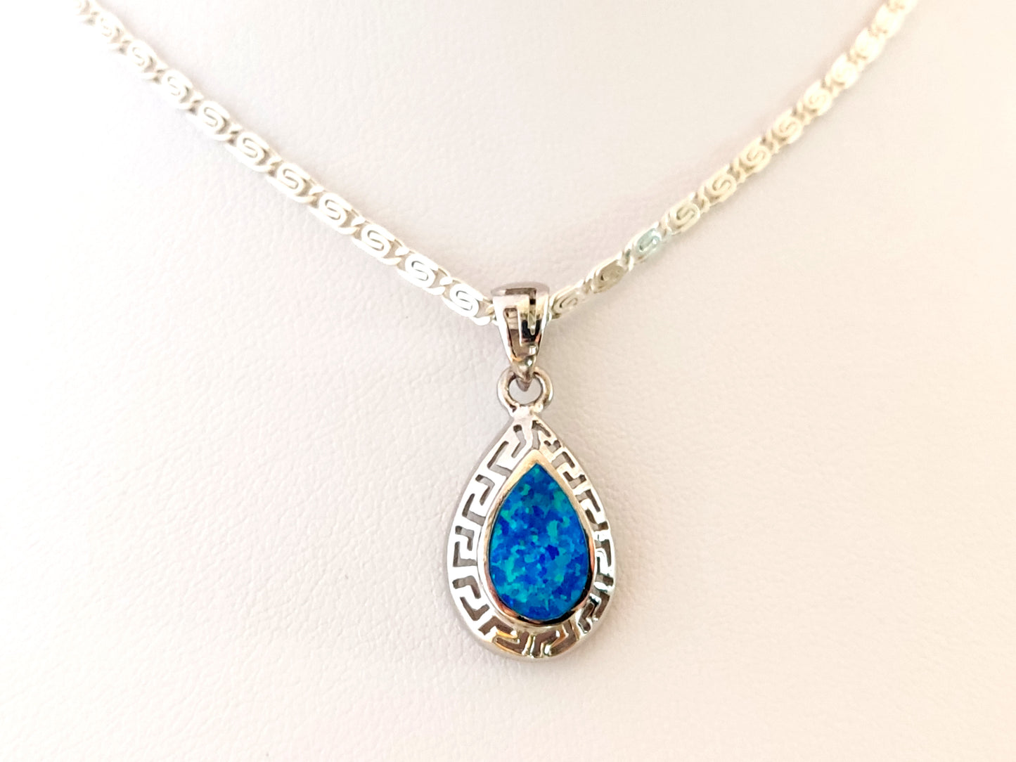 Blue Opal Silver Necklace With Drop Shape Pendant