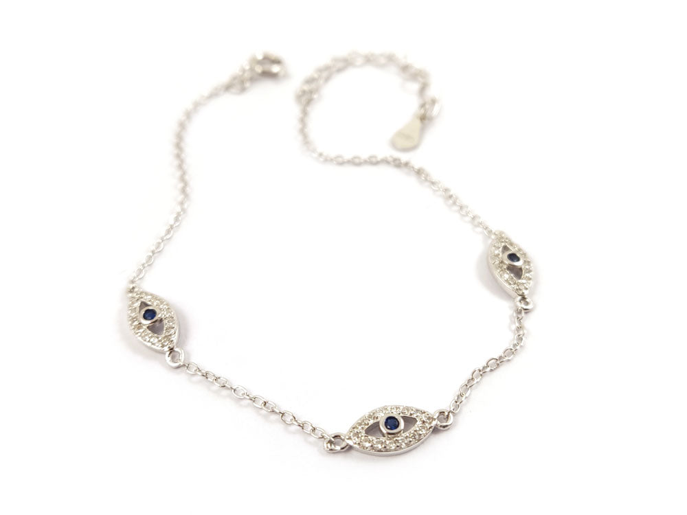 Close-up of Greek Sterling Silver Bracelet with Triple Evil Eyes