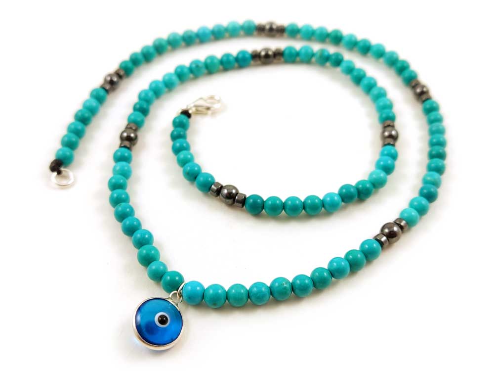 Handmade Evil Eye Mati Nazar Protection Turquoise Greek Silver Necklace