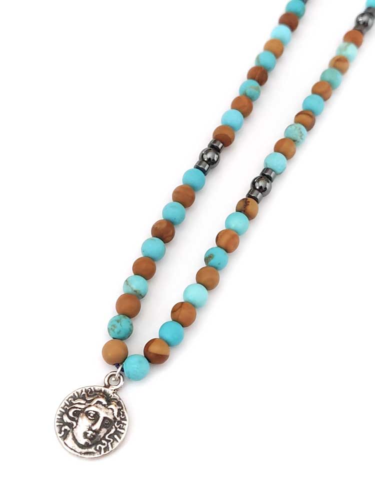 Turquoise - Jasper Stones Necklace & Greek God Apollo Silver Pendant