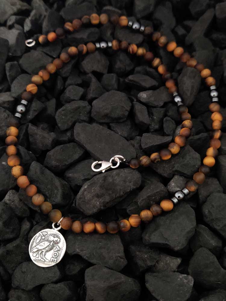 Handmade Greek Necklace With Natural Tiger Eye And Sterling Silver 925 Double Side Athena Owl Coin Pendant Necklace