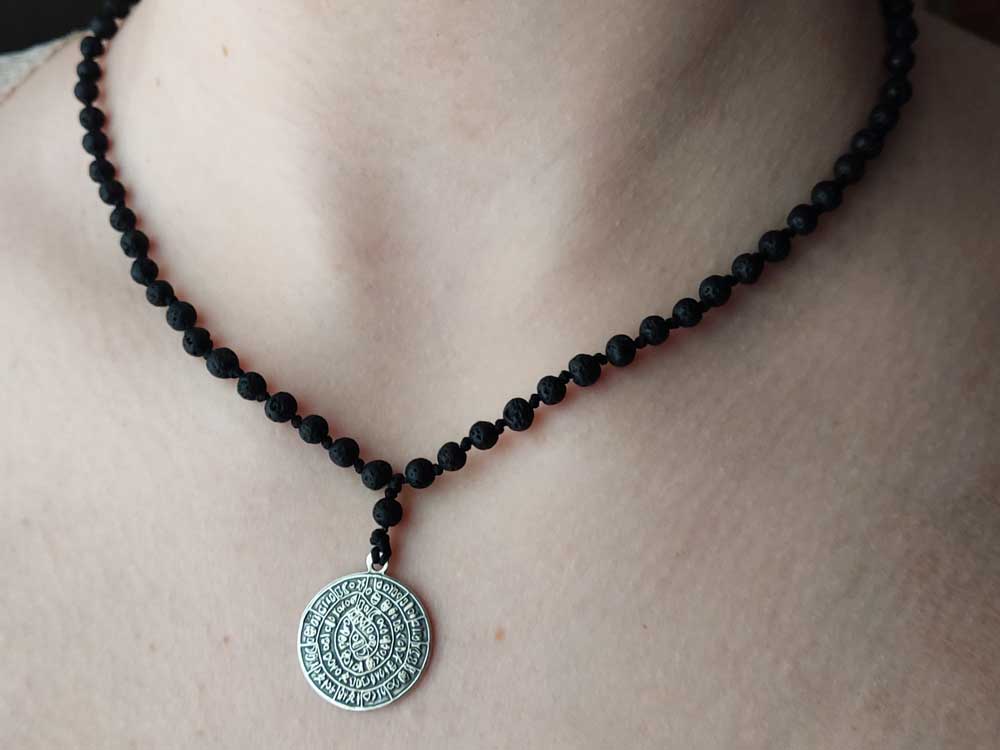 Phaistos Disc Silver 925 Pendant 20mm & Natural Lava Stones Necklace