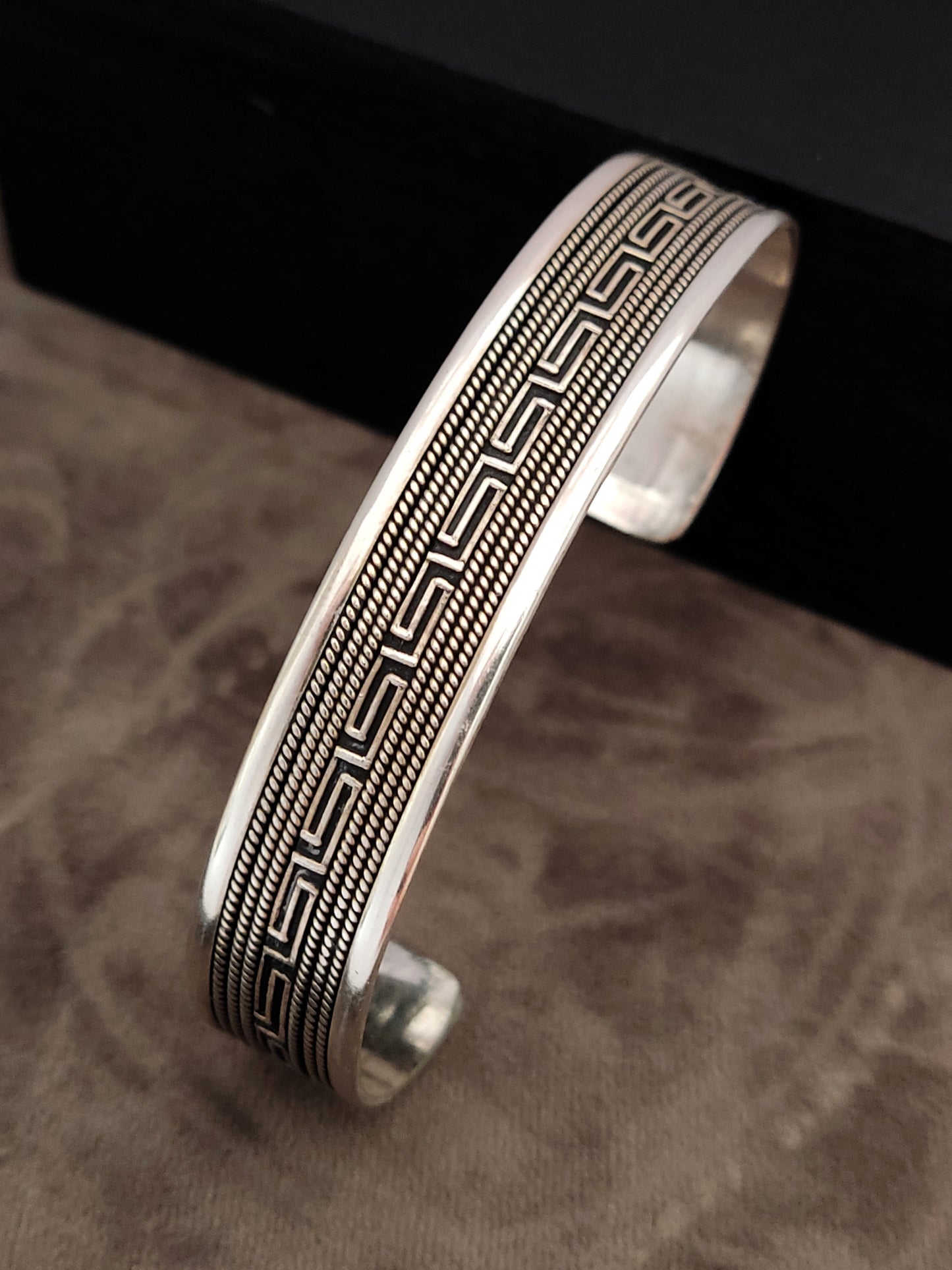 Greek Key Meander Silver 925 Unisex Men Women Cuff Bracelet