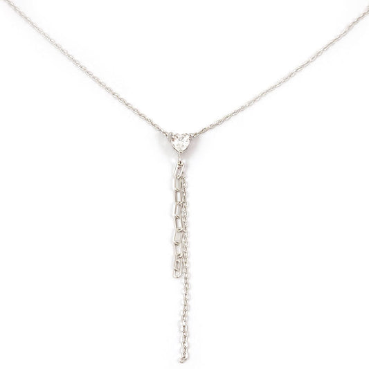 "Sterling silver 925 tie chain necklace with a sparkling cubic zirconia heart pendant, measuring 5mm x 5mm, elegantly displayed on a jewelry stand."