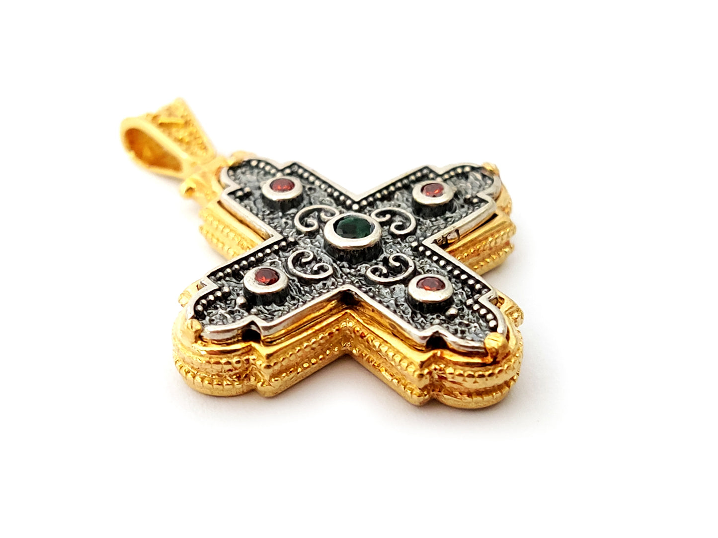 Greek Byzantine Silver Cross 30x30mm Red Green Crystals