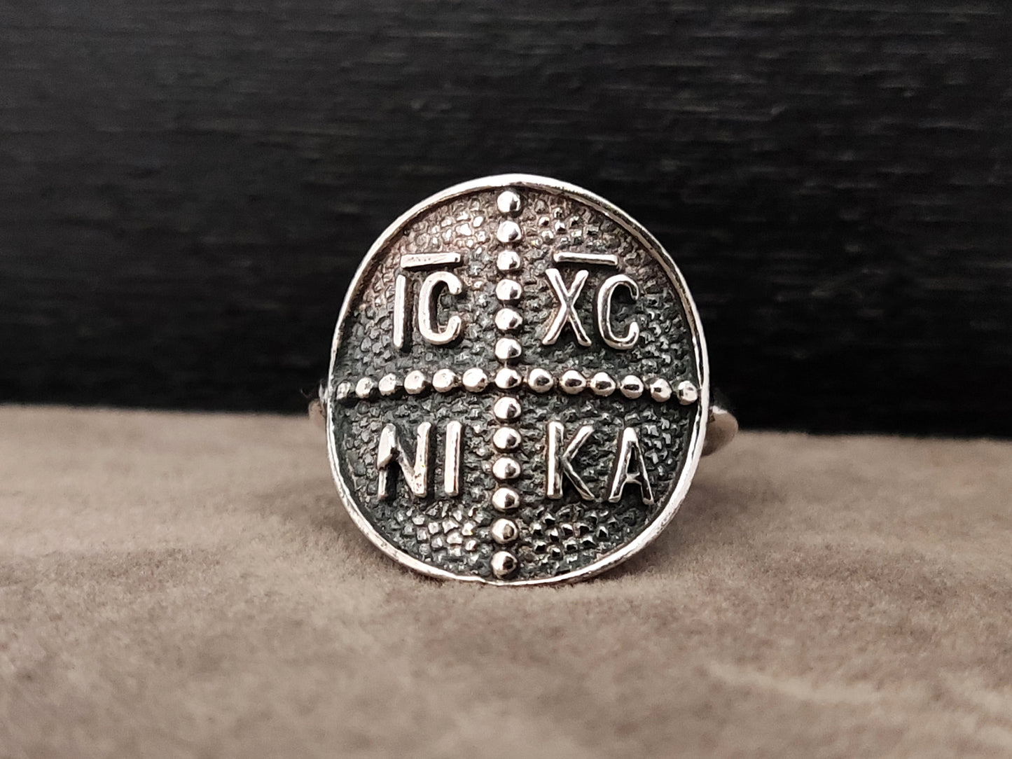 Greek Byzantine ICXC NIKA Cross Silver Ring 19mm