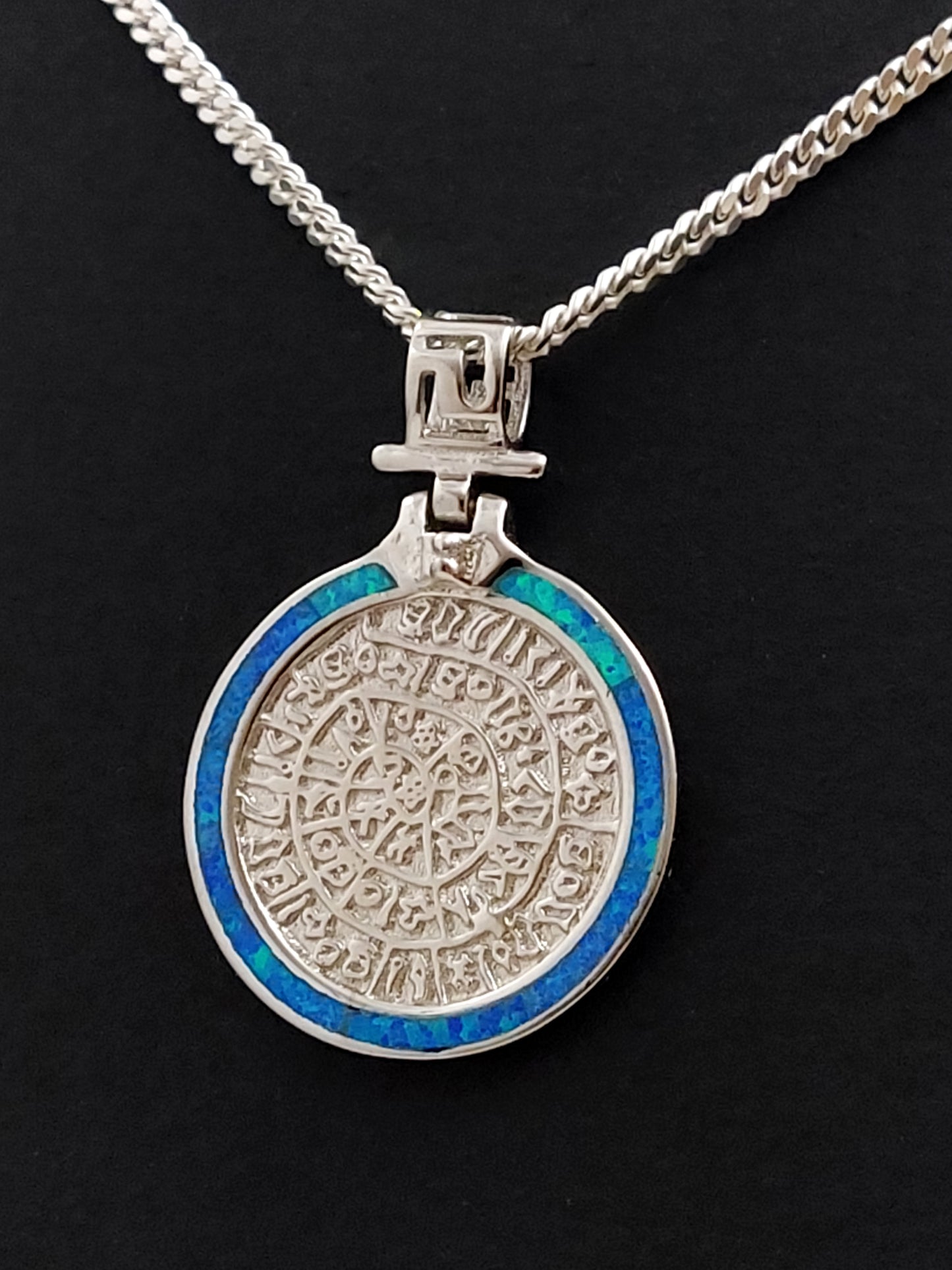 Phaistos Disc Blue Opal Greek Silver Necklace Pendant 22mm