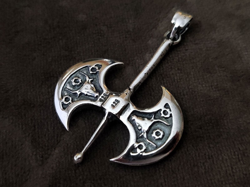 Greek Double Axe Labrys Big Silver Pendant, measuring 45x33mm, displayed on a gray background.