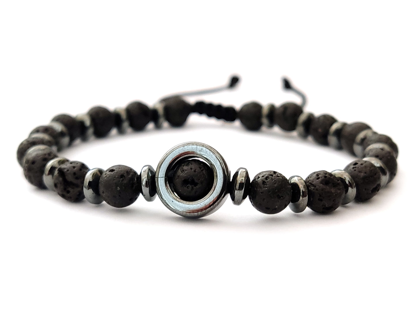 Greek Lava Hematite Natural Stones Adjustable Bracelet 6mm