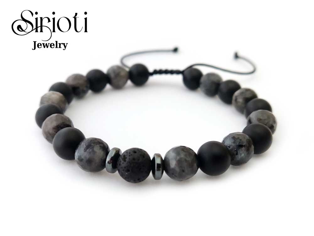Greek handmade bracelet with lava, onyx, and larvikite stones - Adjustable length - Natural stone jewelry - Free shipping available