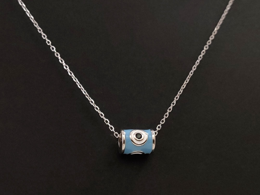Blue Evil Eye Nazar Cylinder Silver Necklace