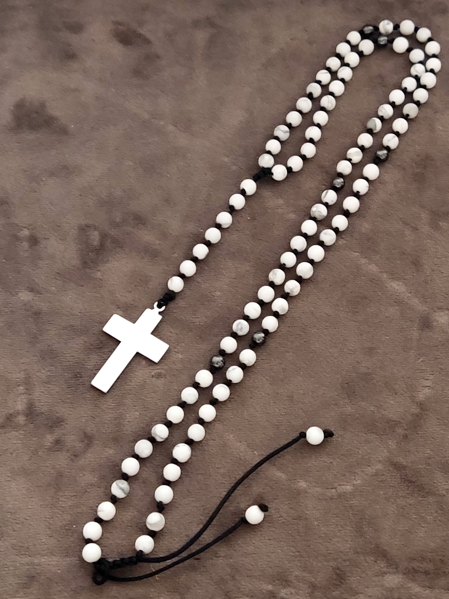 Handmade Rosary Necklace | Natural White Howlite and Hematite Stones | Stainless Steel Cross | Adjustable Length | Made in Greece