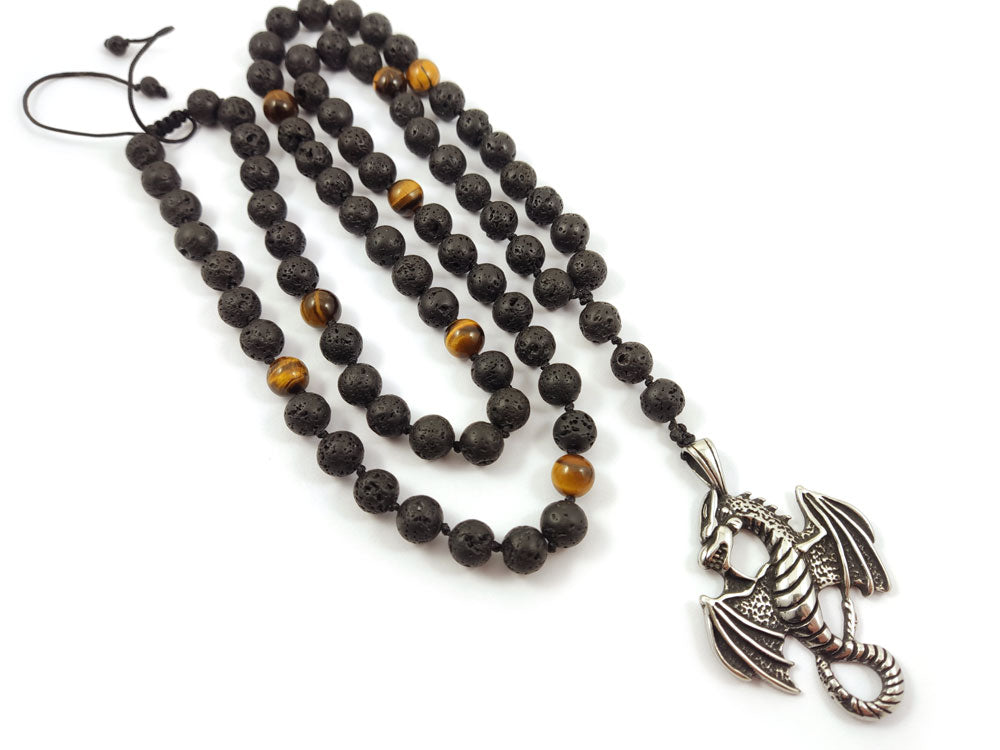 Powerful and elegant necklace with natural stones and a stainless steel dragon motif, perfect for bold styles.