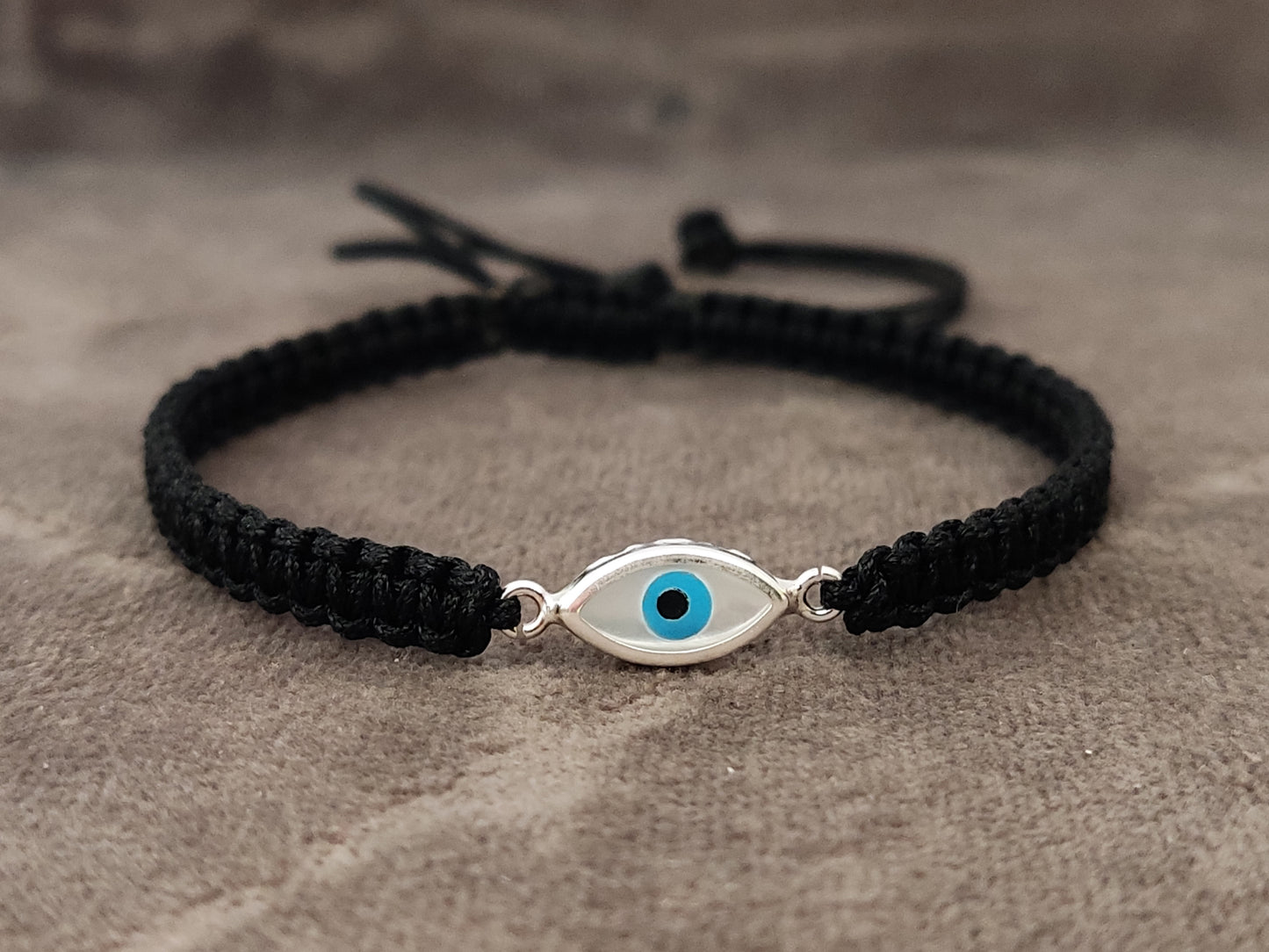 Sterling Silver 925 Greek Evil Eye Mati Good Luck Charm Handmade Adjustable Macrame Bracelet , Griechische Silber Armband, Bijoux Grecque