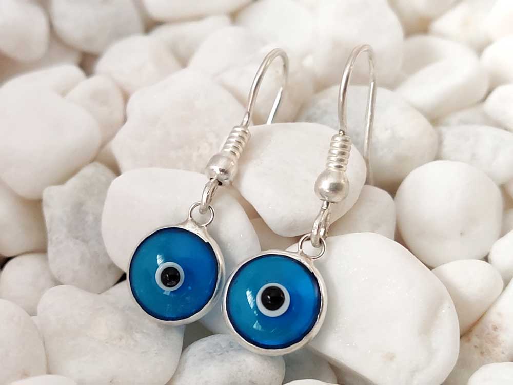 Evil Eye Nazar Mati Turquoise Blue Greek Silver Dangle Earrings 10mm