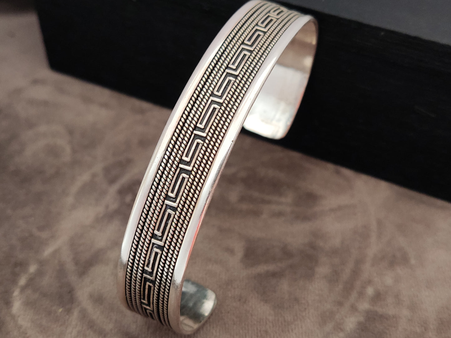 Greek Key Meander Silver 925 Unisex Men Women Cuff Bracelet