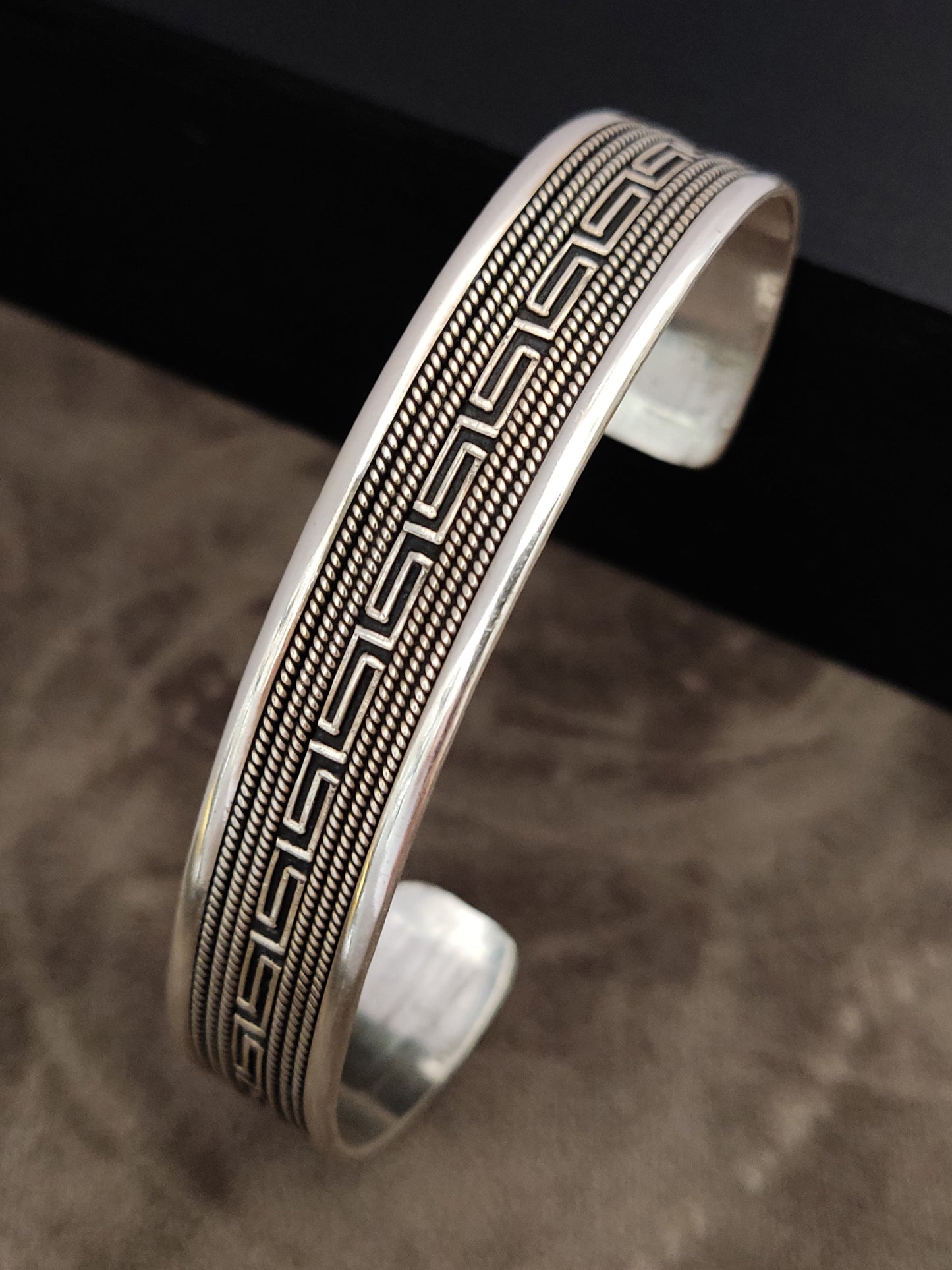 Greek Key Meander Silver 925 Unisex Men Women Cuff Bracelet