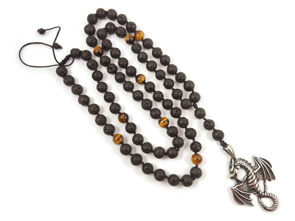 Unique handcrafted necklace featuring an adjustable fit, natural stones, and a dragon pendant for strength and style.