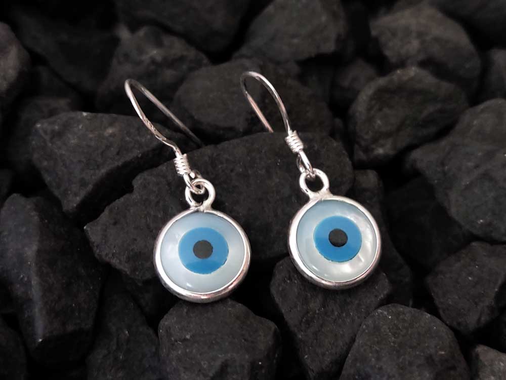 Evil Eye Nazar Mother Of Pearl Silver Earrings 7mm