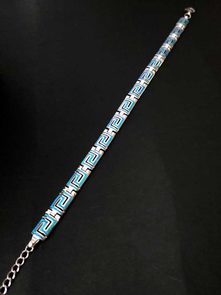 Greek Key Blue Opal Curved Silver Bracelet