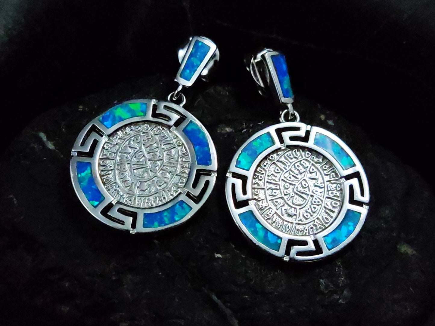 Phaistos Disc Blue Opal Dangle Silver Earrings 28x18mm