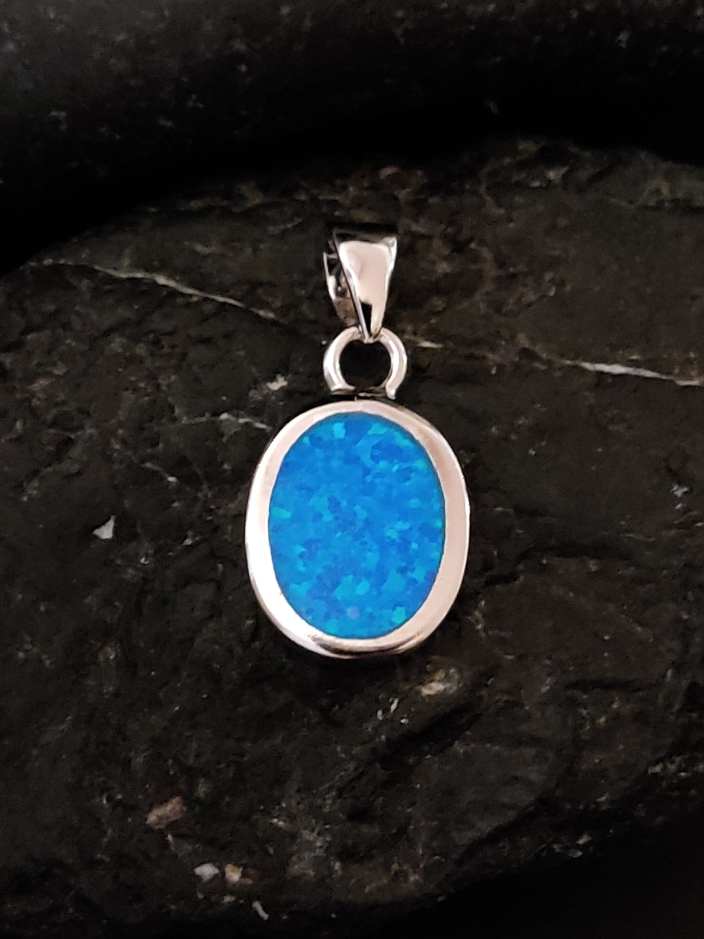 Sterling Silver Blue Opal Oval Stone Greek Pendant 13x10mm