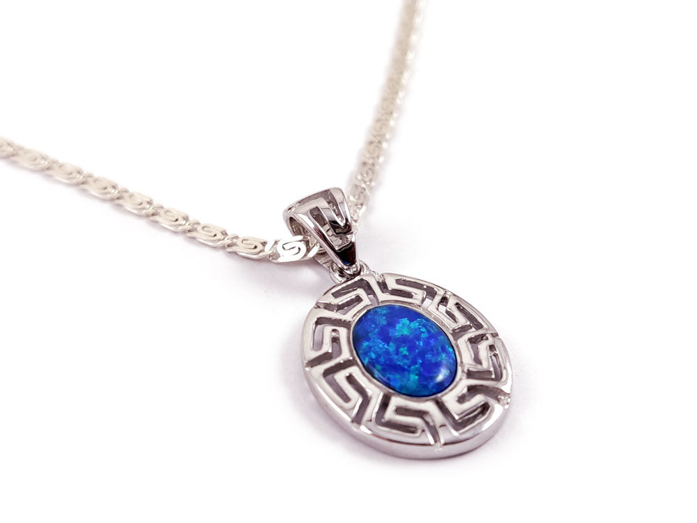 Blue opal stone pendant with Greek key design on 2mm silver chain, free shipping.