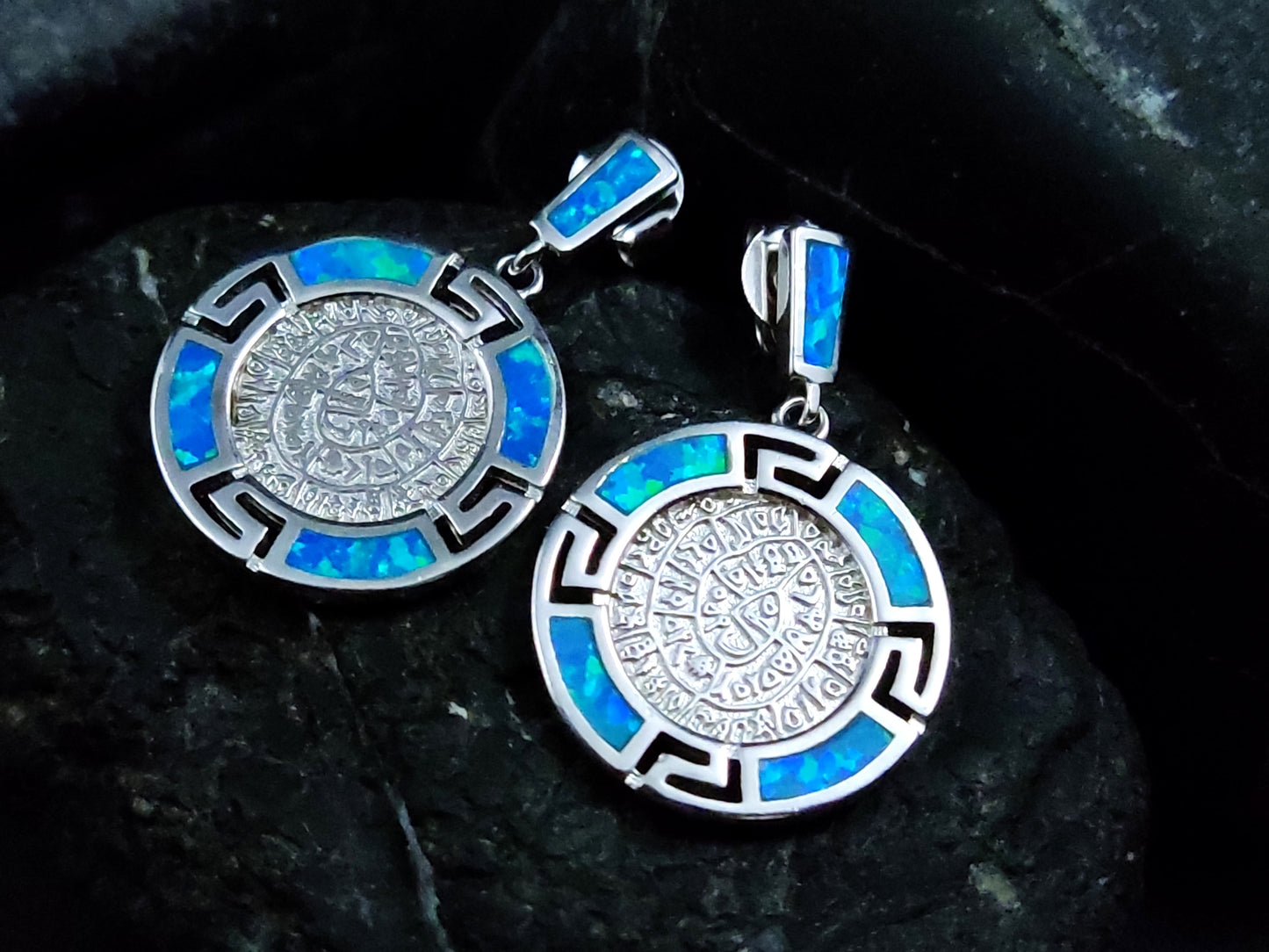 Phaistos Disc Blue Opal Dangle Silver Earrings 28x18mm