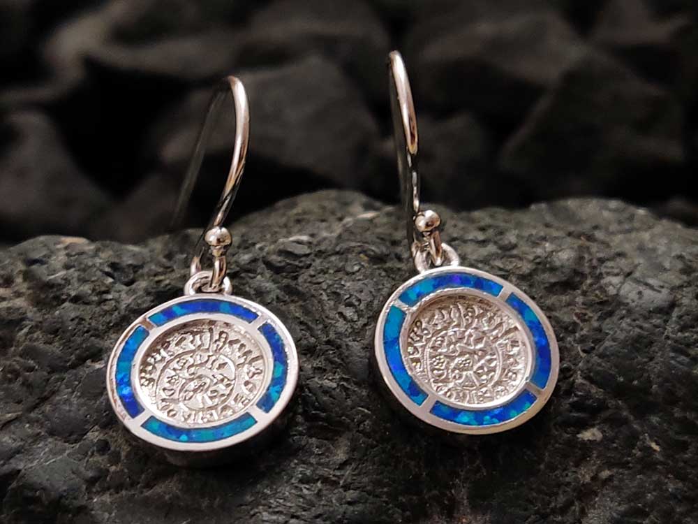 Phaistos Disc Blue Opal Silver Dangle Earrings 11mm