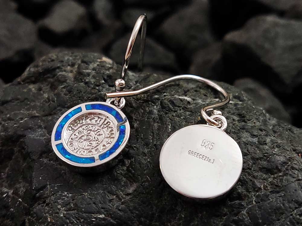 Phaistos Disc Blue Opal Silver Dangle Earrings 11mm