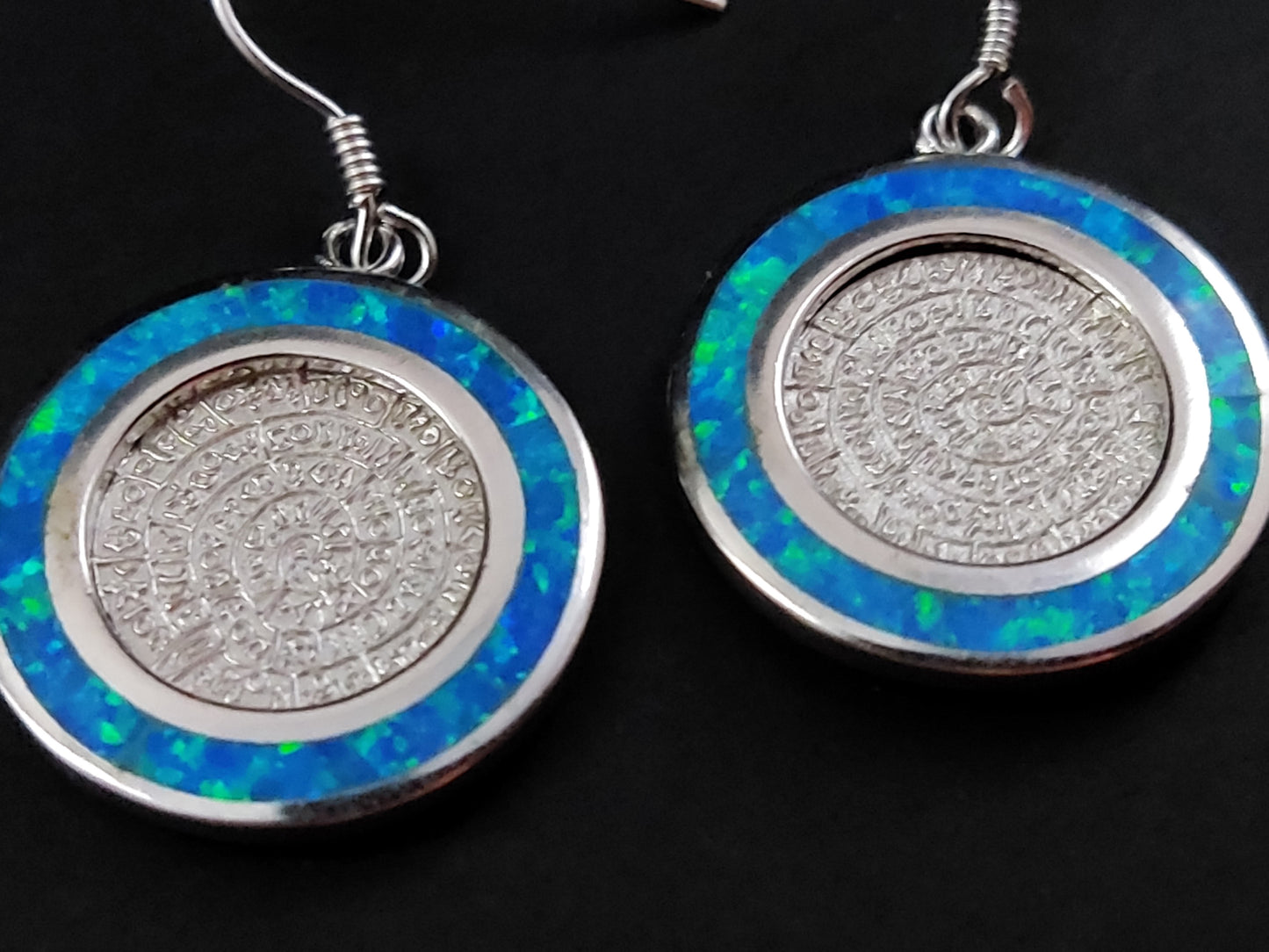 Phaistos Disc Blue Opal Silver Earrings 19mm