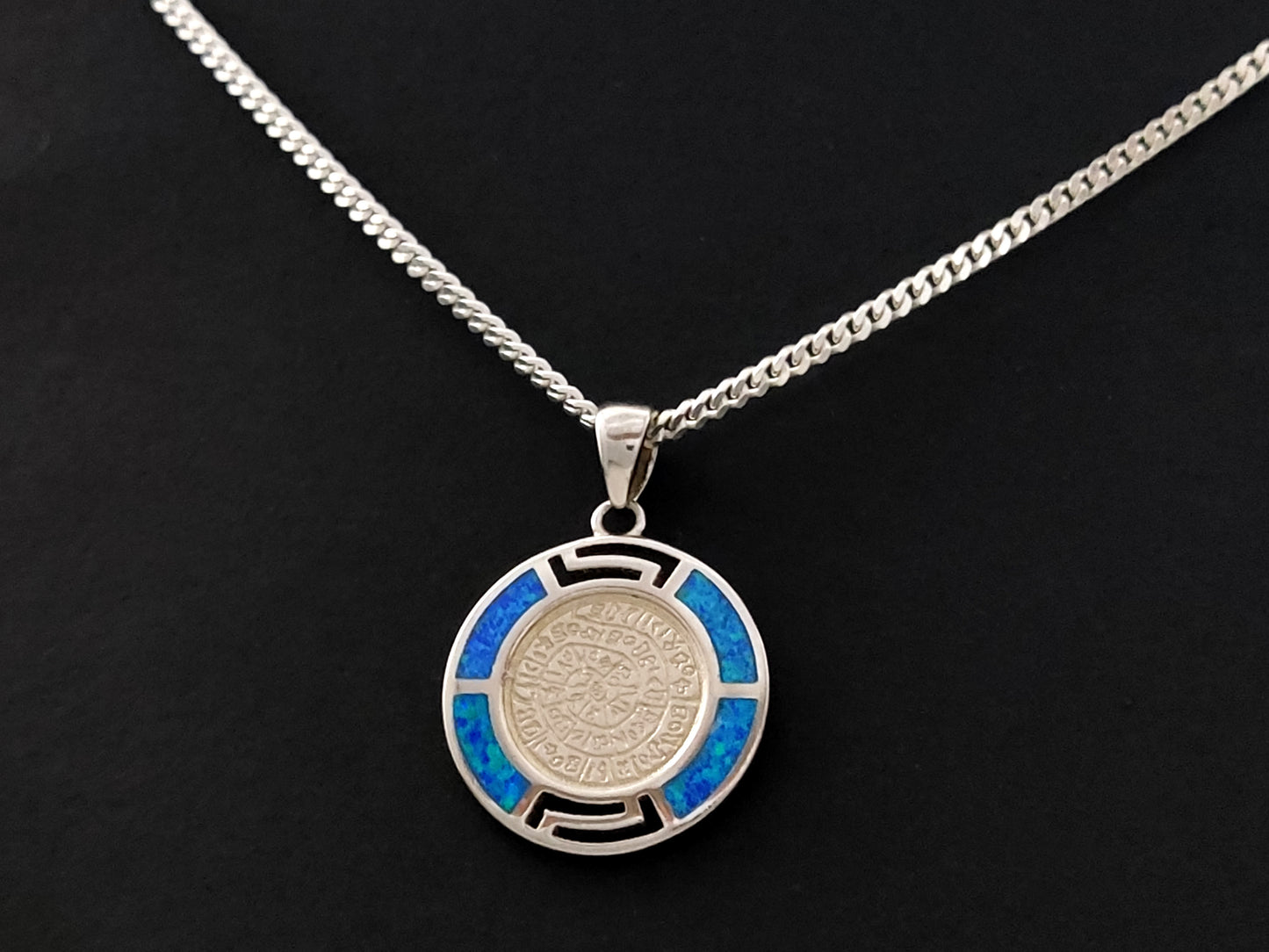 Phaistos-Scheibe, blauer Opal, griechischer Silber-Halskettenanhänger, 19 mm