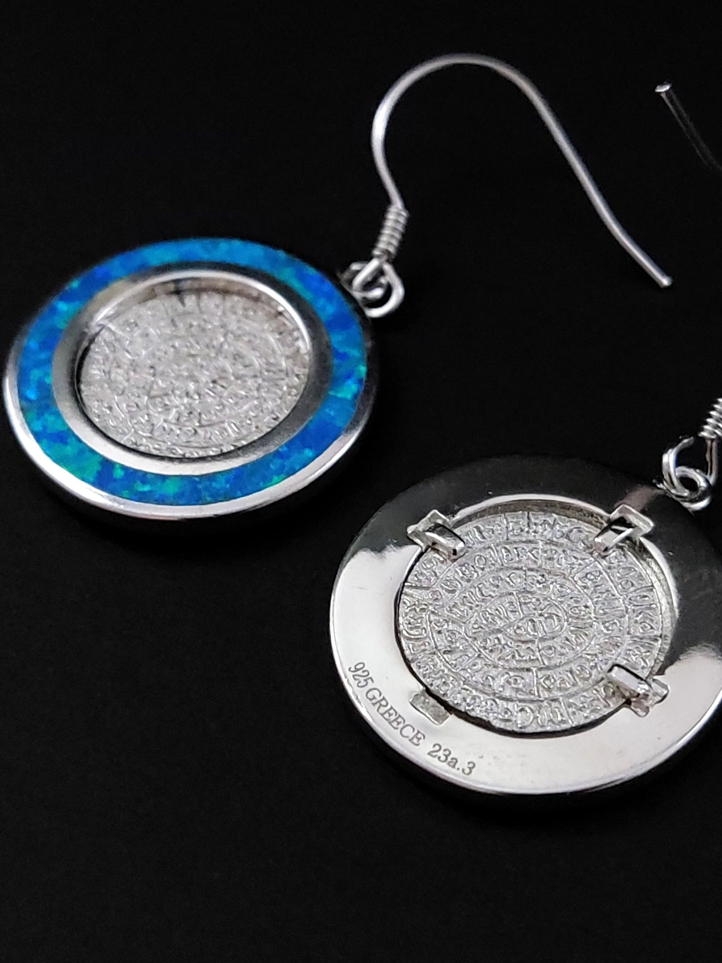 Phaistos Disc Blue Opal Silver Earrings 19mm