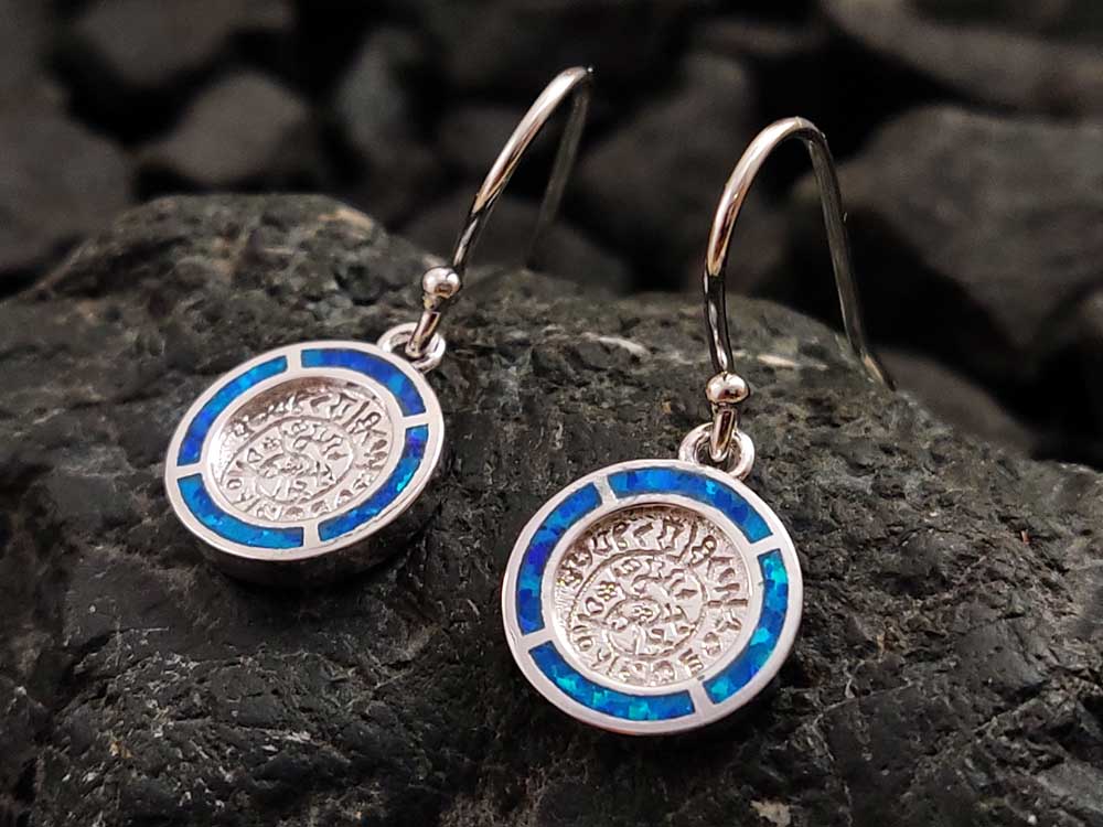 Phaistos Disc Blue Opal Silver Dangle Earrings 11mm