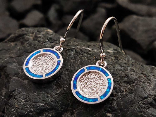 Phaistos Disc Blue Opal Silver Dangle Earrings 11mm