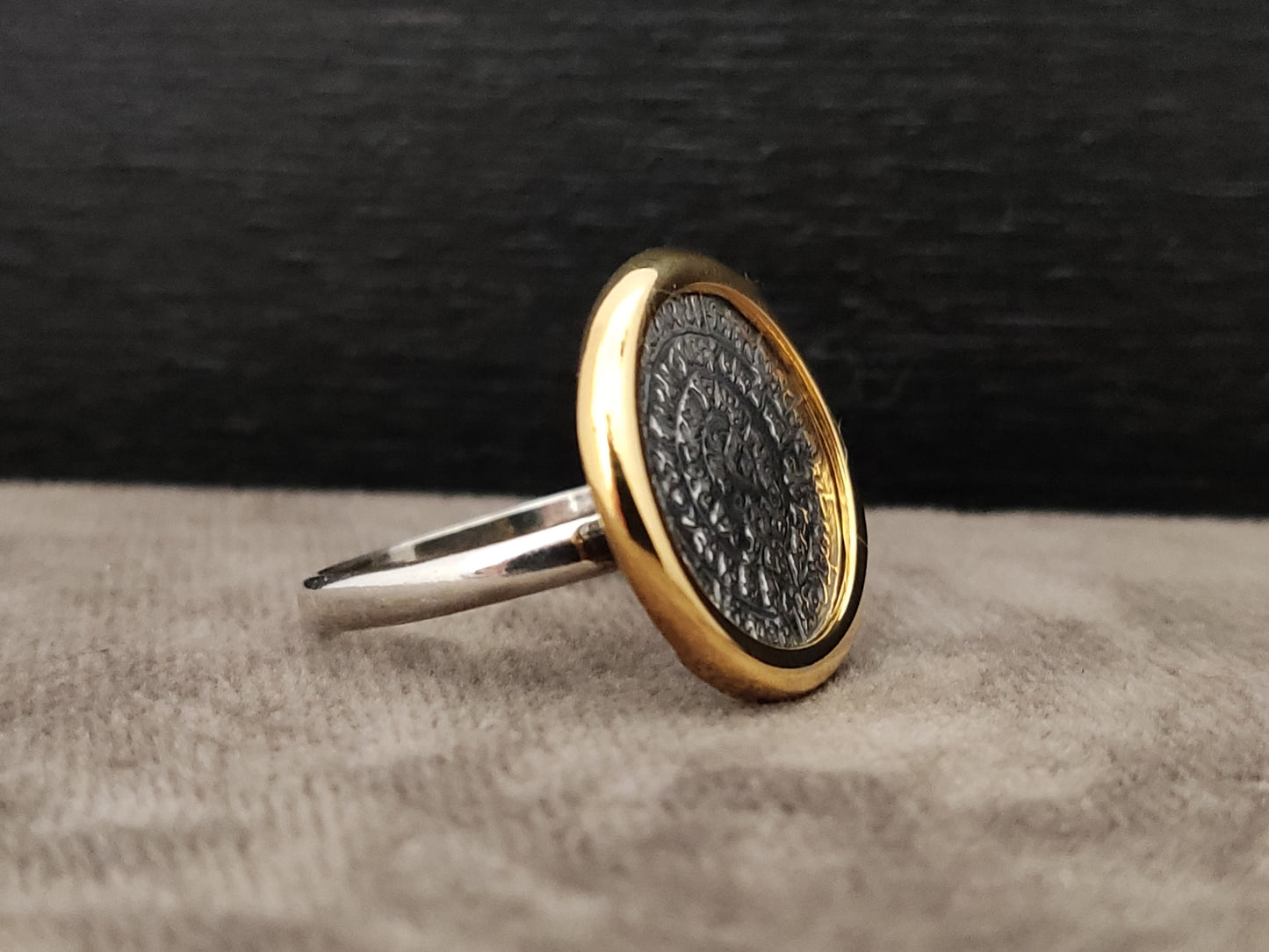 Phaistos Disc Greek Silver Gold Plated Ring 18mm