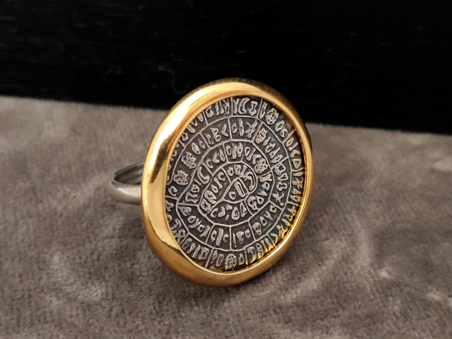 Phaistos Disc Greek Silver Gold Plated Ring 26mm