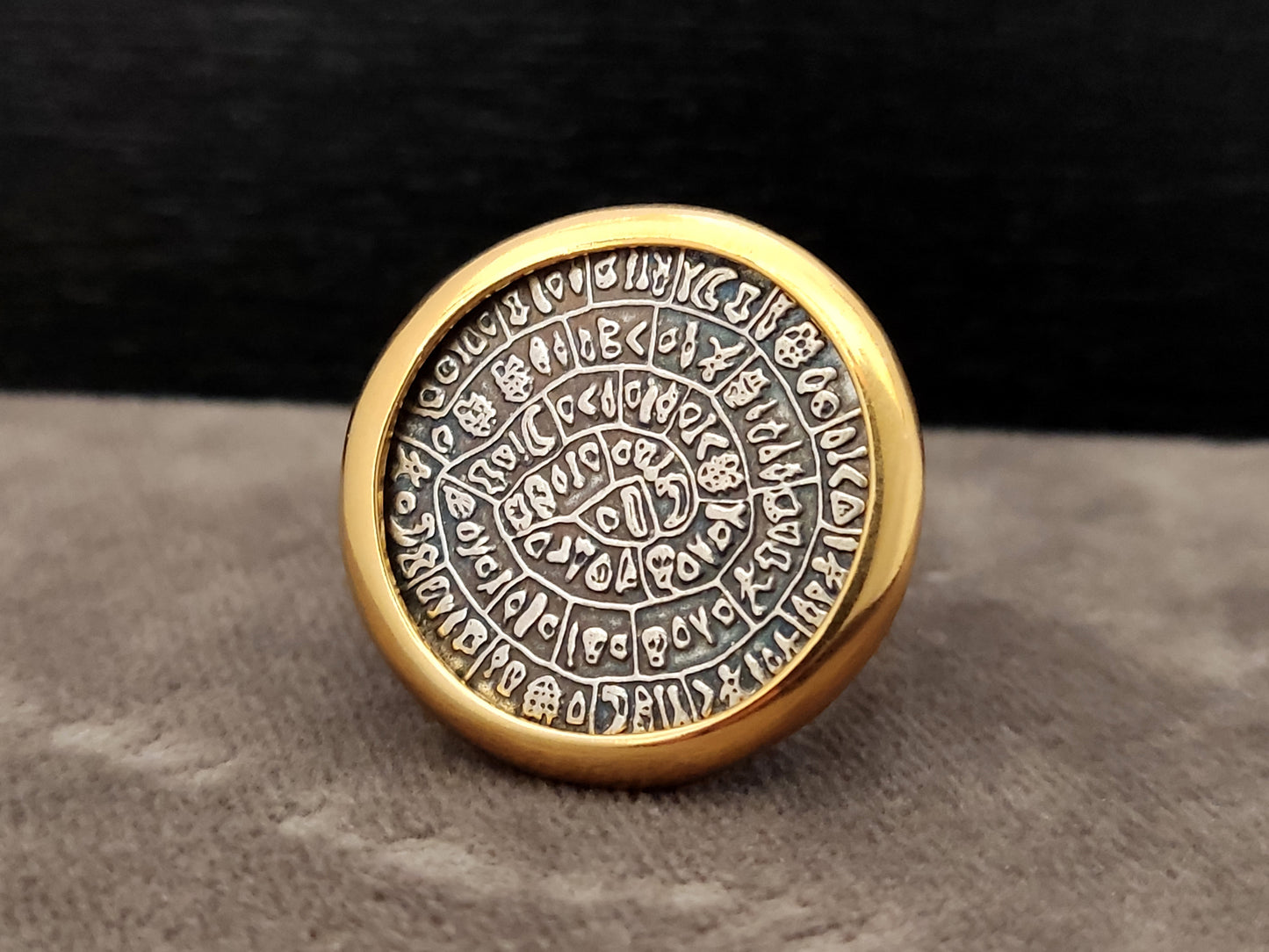 Phaistos Disc Greek Silver Gold Plated Ring 26mm