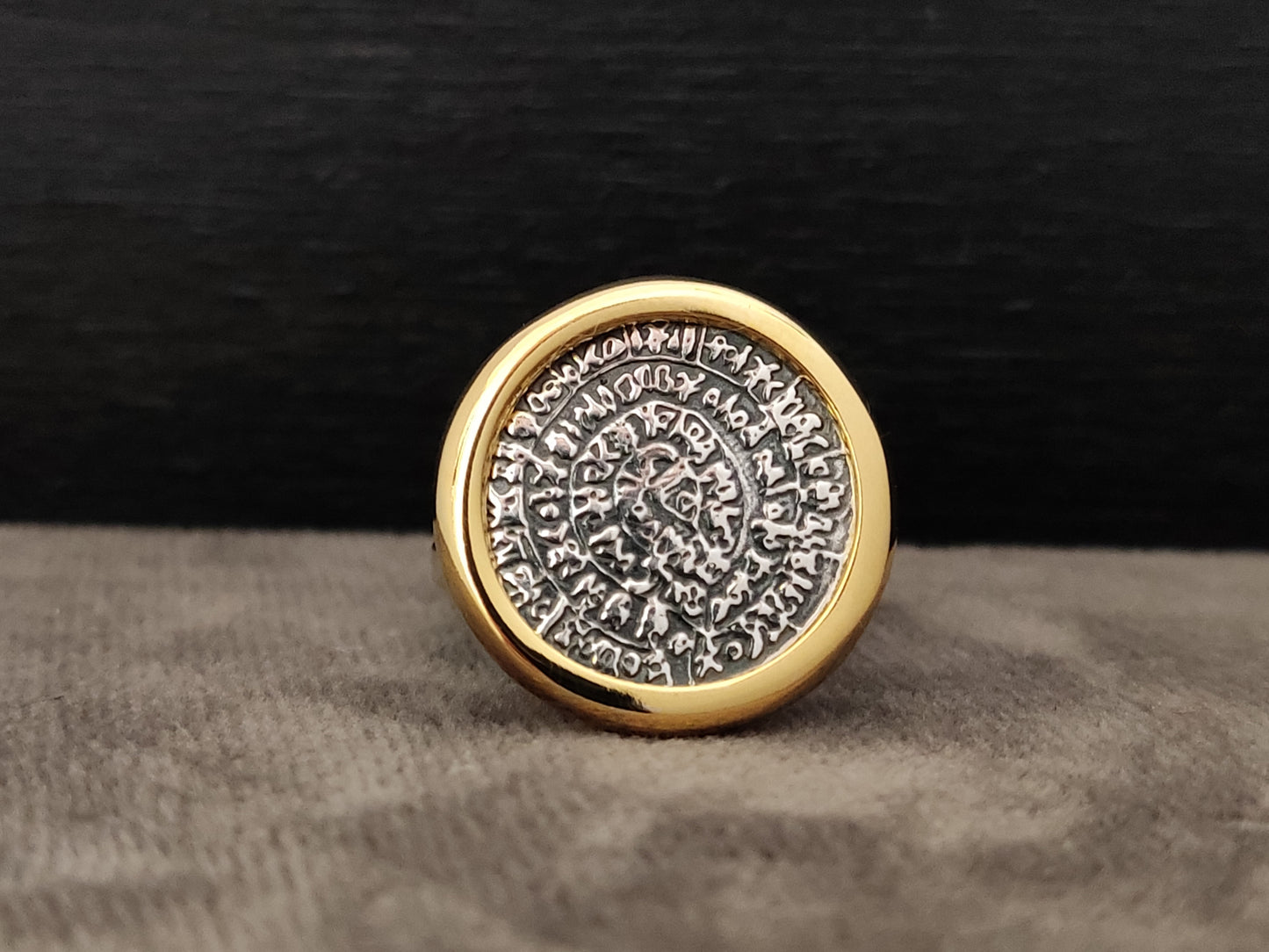 Phaistos Disc Greek Silver Gold Plated Ring 18mm