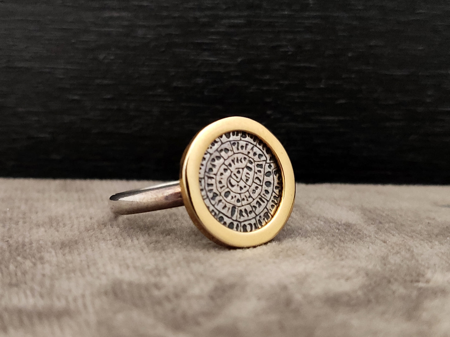 Phaistos Disc Greek Silver Gold Plated Ring 15mm